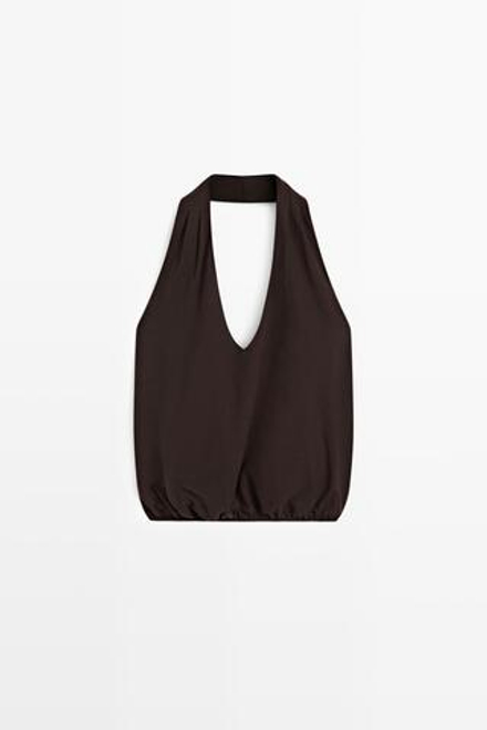 Massimo Dutti Топ из хлопка с горловиной халтер и эластичным низом, коричневый