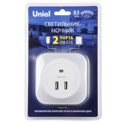 DTL-321 White-Sensor-2USB Светильник ночник с фотосенсором день-ночь. 2USB. Белый. ТМ Uniel