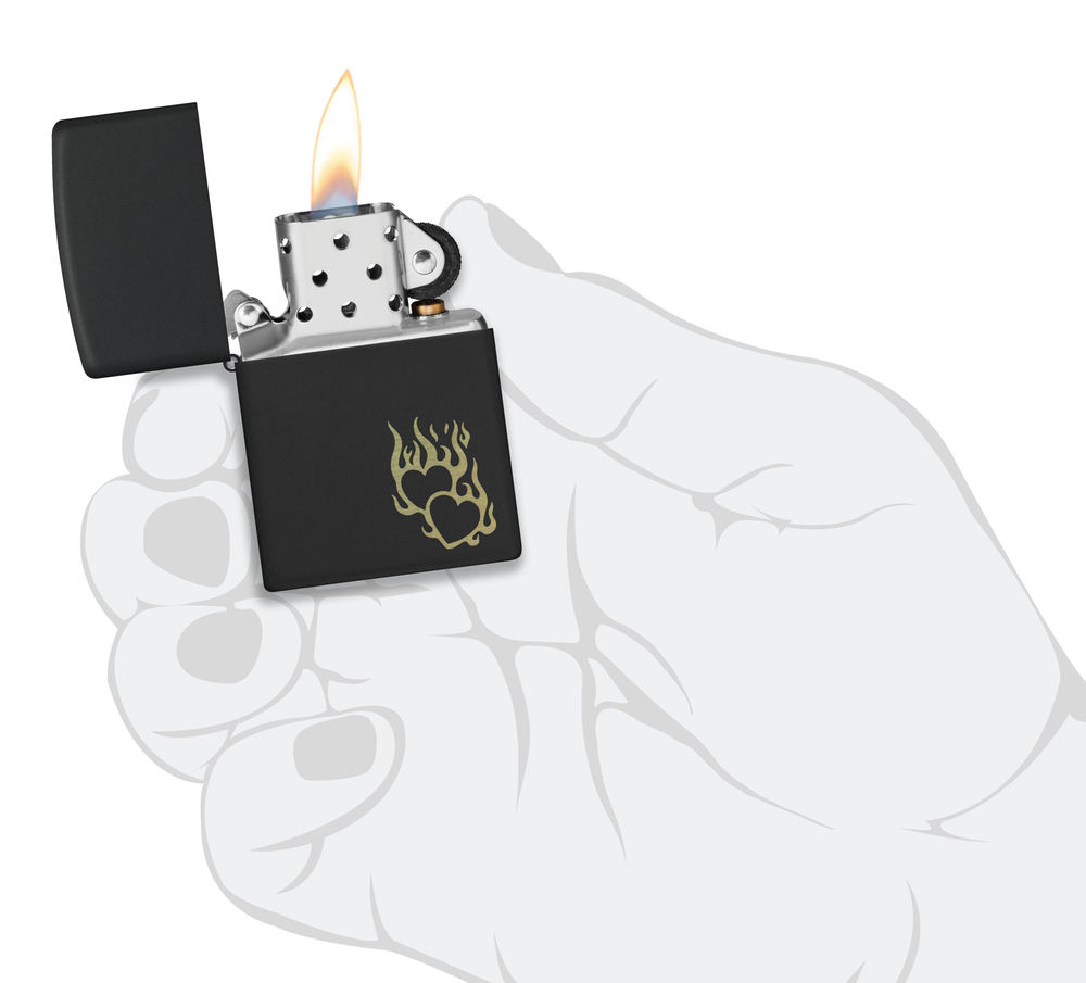 Зажигалка Zippo Fire Heart с покрытием Black Matte, латунь/сталь, черная, матовая, 38x13x57 мм