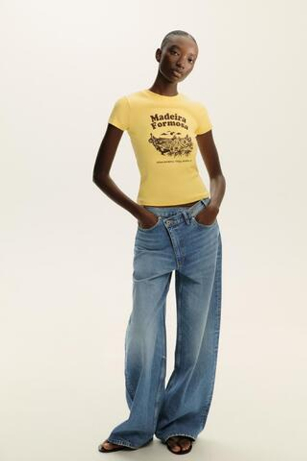ZARA ФУТБОЛКА С ТЕКСТОВЫМ ПРИНТОМ, ЖЕЛТЫЙ