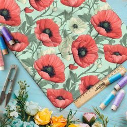 Ткань премиум дюспо крупные маки с белыми цветами