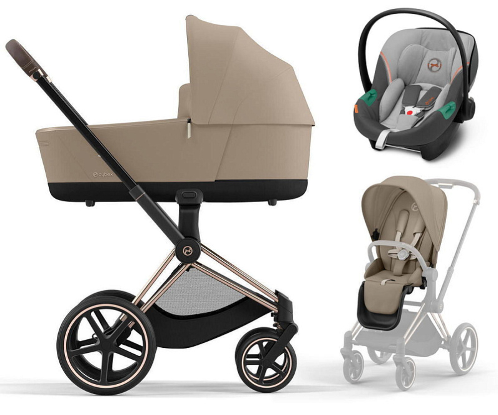 Коляска 3 в 1 Cybex Priam IV Rosegold complete и автокресло Aton S2 i-Size Lava Grey Cozy Beige
