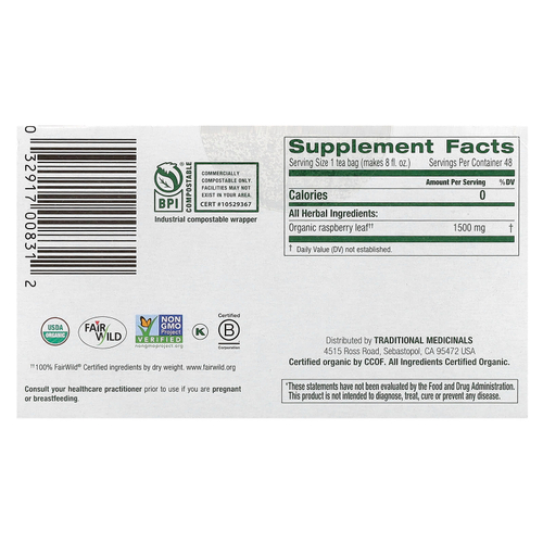 Traditional Medicinals, Органические листья малины, без кофеина, 48 чайных пакетиков, 72 г (2,53 унции)