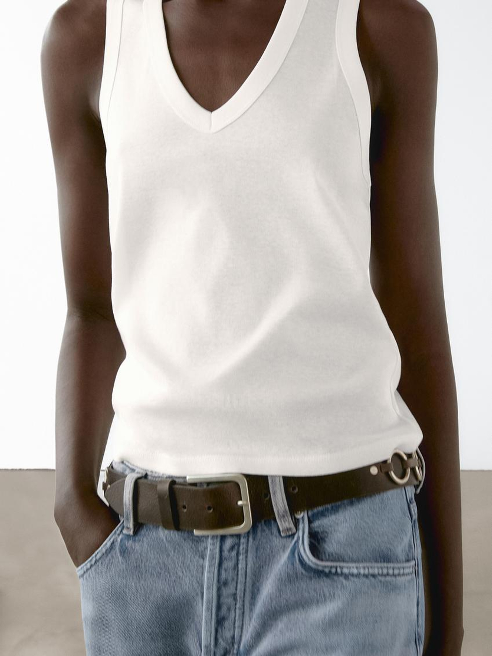 Massimo Dutti Футболка из мерсеризованного хлопка без рукавов, натуральный, кремовый