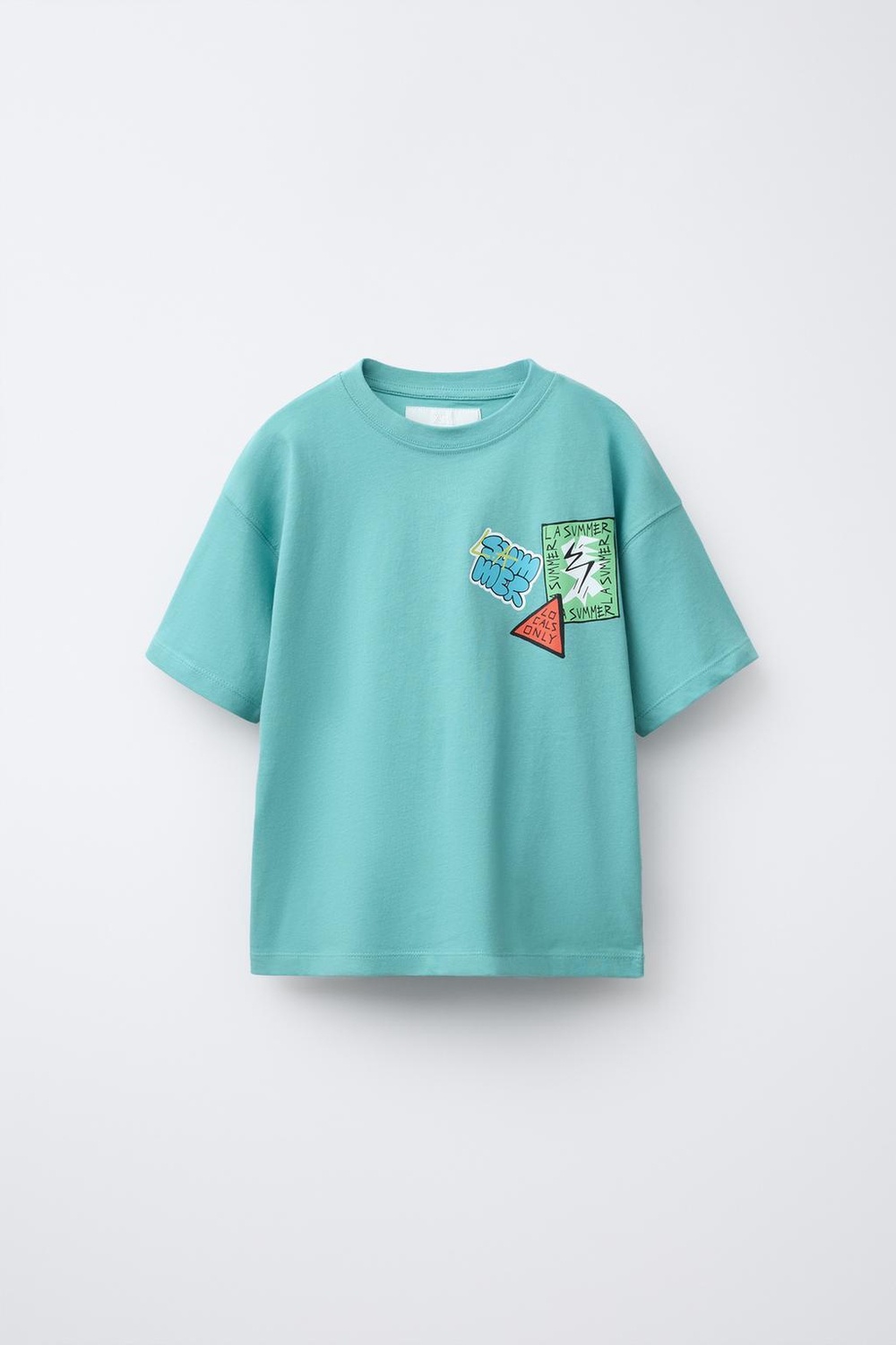 ZARA ФУТБОЛКА С ПРИНТОМ, ЗЕЛЕНОВАТО-СИНИЙ