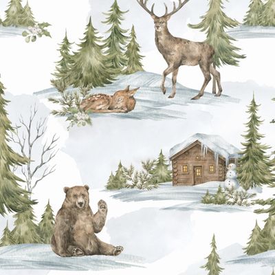 Зимняя природа, снег, олень, медведь, елки, домик