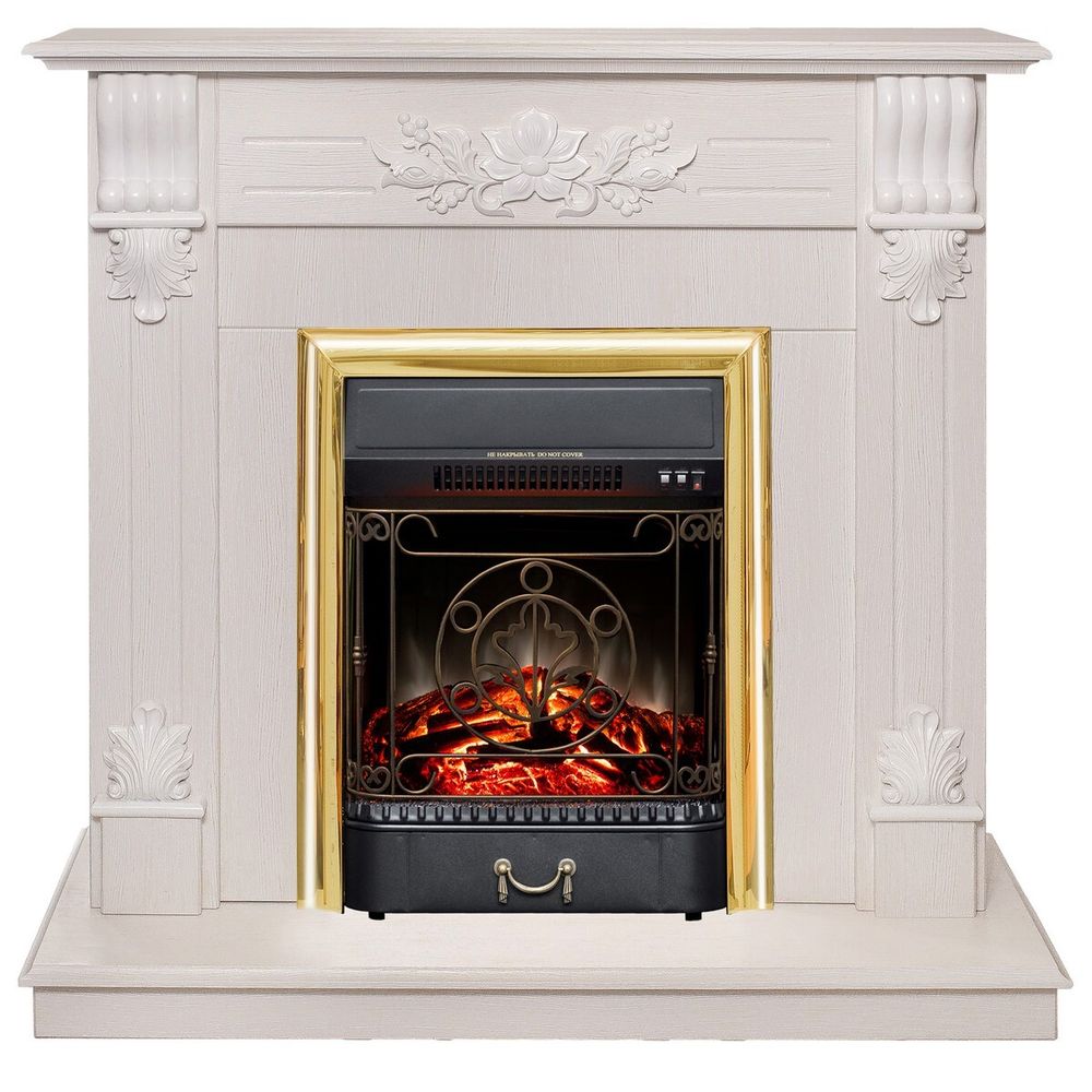 Электрокамин RealFlame Ottawa WT белое золото с очагом Majestic Lux Brass