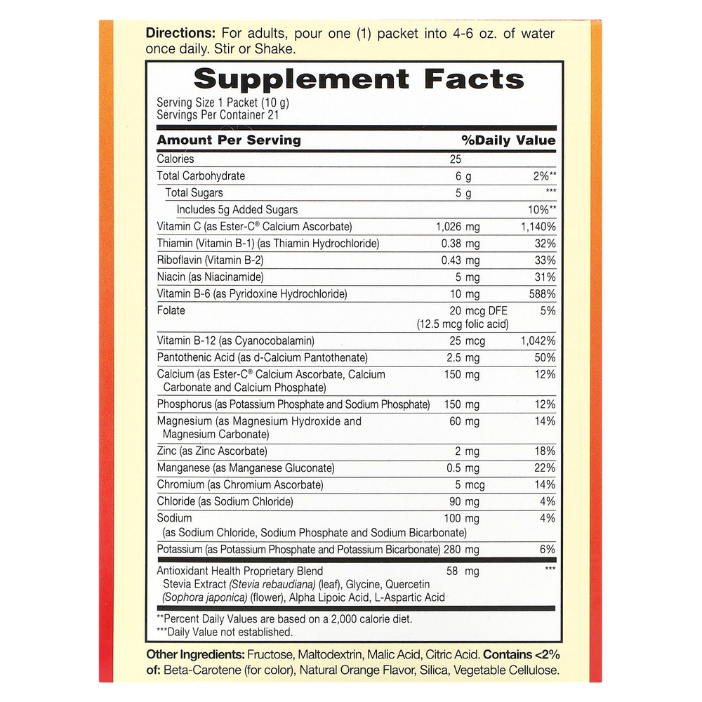 American Health, Ester-C, шипучий вкус, натуральный апельсин, 1000 мг, 21 пакетик по 10 г (0,35 унции)