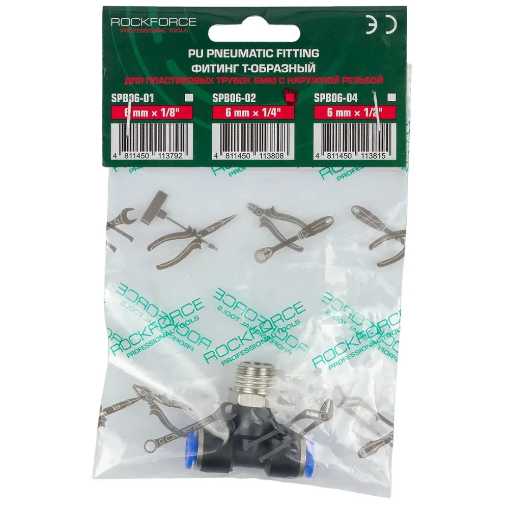 Фитинг Т-образный для пластиковых трубок 6мм с наружной резьбой 1/4'' RockForce##Rock FORCE RF-SPB06-02