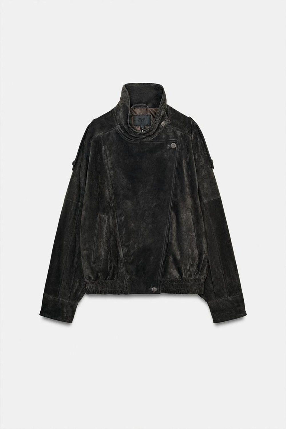 ZARA КУРТКА-БАЙКЕР ИЗ 100% ЗАМШИ С ОБТЯНУТЫМИ ПУГОВИЦАМИ, УГОЛЬНЫЙ