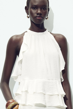 ZARA КОРОТКИЙ ТОП С ОБОРКАМИ, БЕЛЫЙ