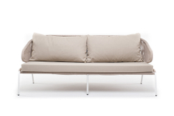 "Милан" диван 3-местный плетеный из роупа, каркас алюминий белый муар, роуп бежевый круглый, ткань бежевая 052