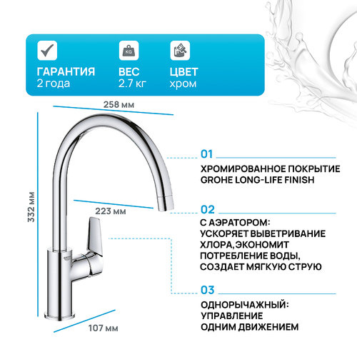 Смеситель для кухни Grohe BauEdge 31367001 Хром