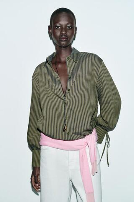 ZARA РУБАШКА В ПОЛОСКУ С ЗАВЯЗКАМИ, ТЕМНЫЙ ХАКИ