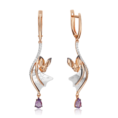 Серьги «Ночная магия» с английским замком из комбинированного золота с аметистом и натуральными топазами white