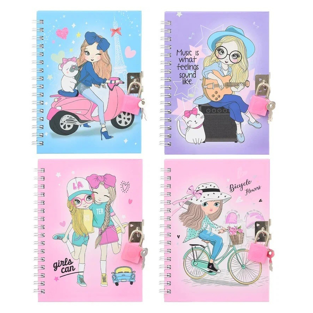 Блокнот детский Basir на замке, формат А6, серия "Модница", переплет 7БЦ, 15*11 см, 48 листов, ассорти