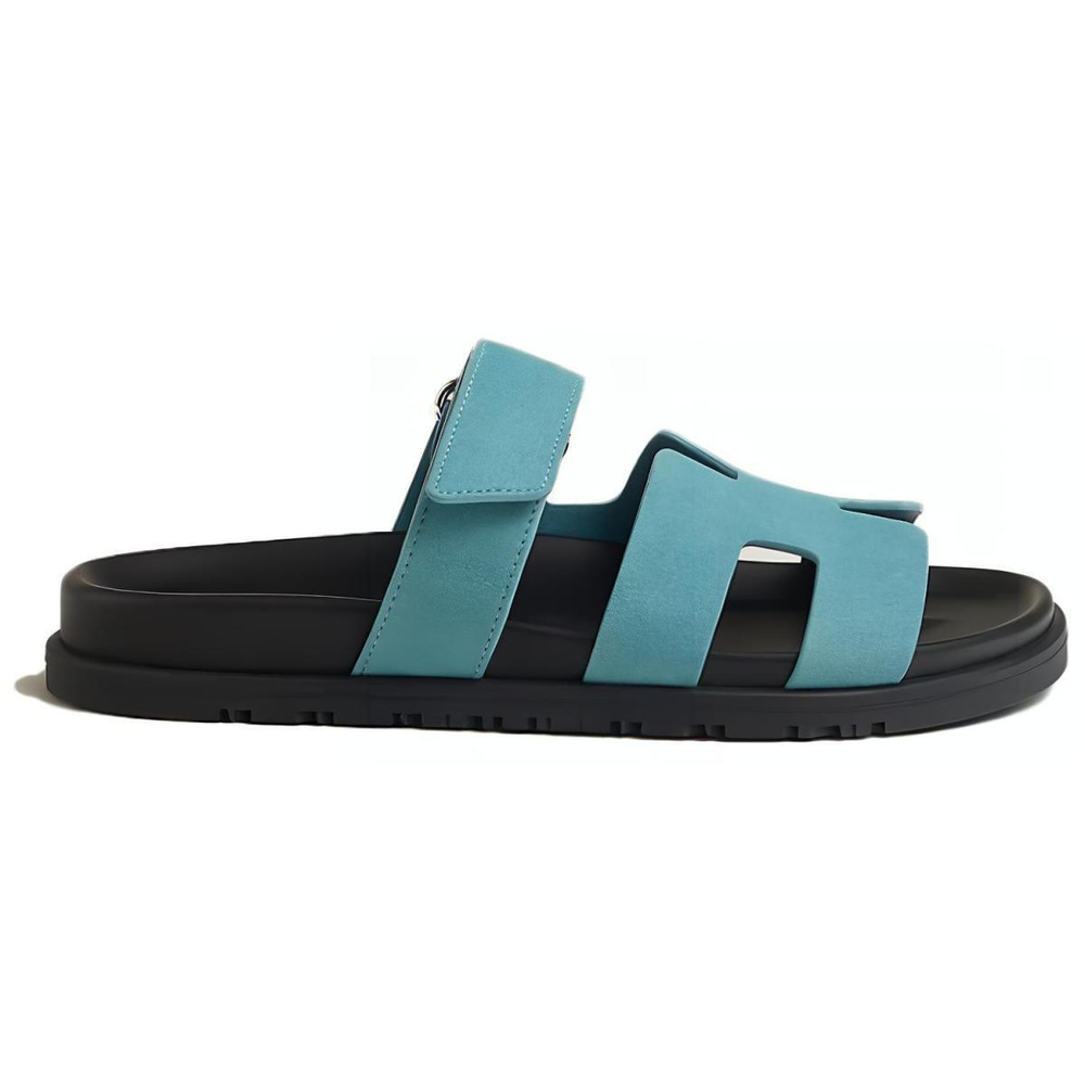 Hermes Goatskin round toe open Toe Slippers Women's Blue, H222297Z 6H3