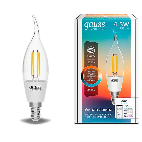 Лампа светодиодная диммируемая филаментная Gauss Smart Home Filament E14 4,5W 2000-6500K прозрачная 1280112
