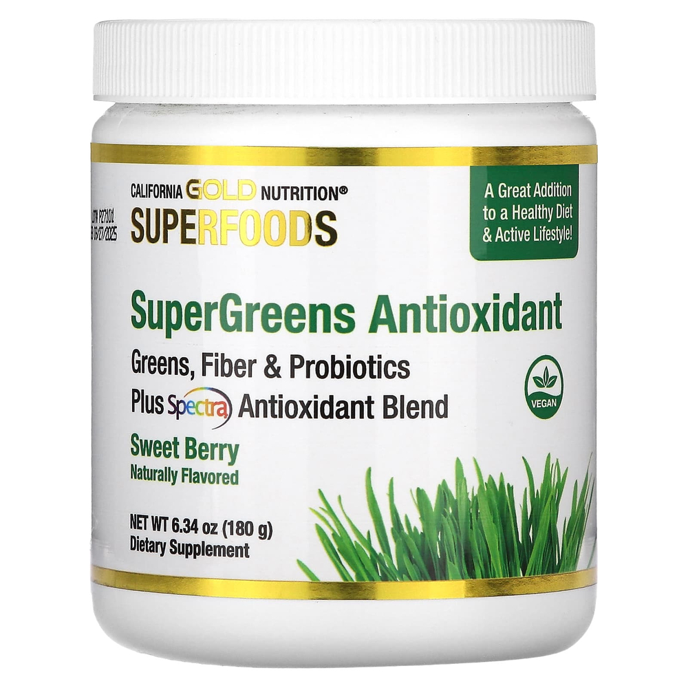 California Gold Nutrition, Superfoods, суперзелень с антиоксидантами, с кальцием, витаминами A и K, сладкие ягоды, 180 г (6,34 унции)