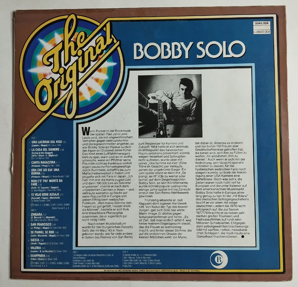 Винтажная виниловая пластинка LP The Original Bobby Solo (Germany 1977)