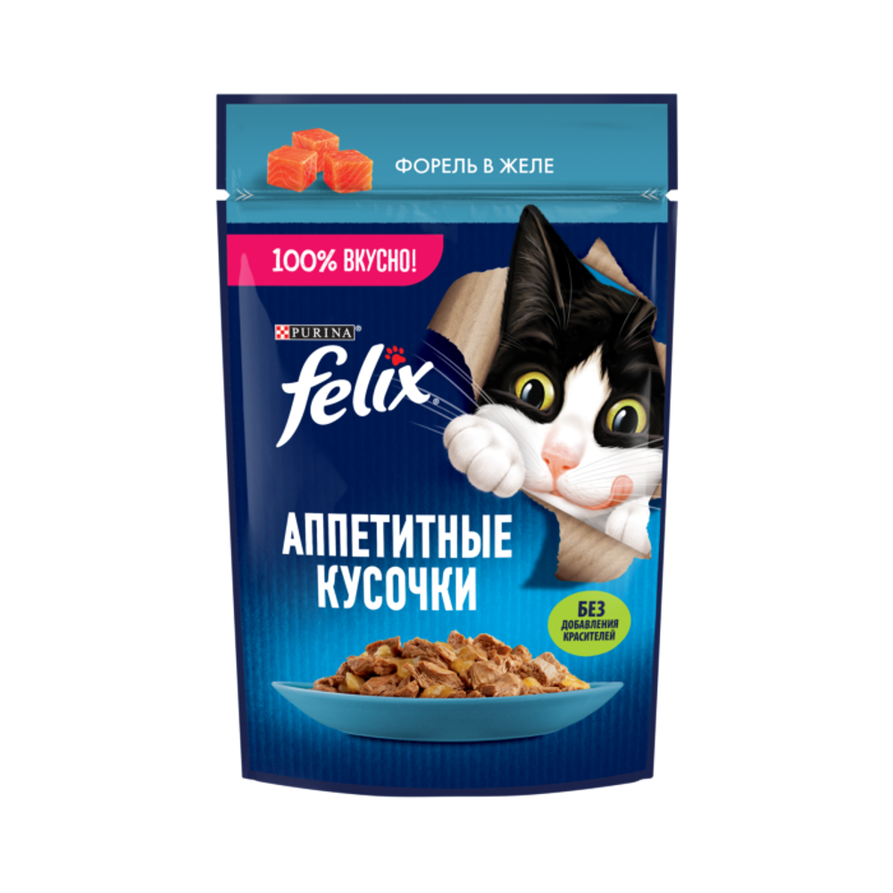Felix 75г пауч Аппетитные кусочки Влажный корм для кошек Форель (желе)