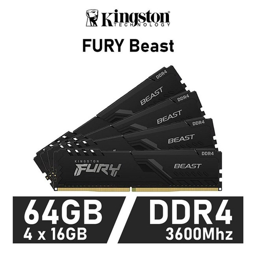 Модуль памяти DIMM DDR4 64Gb, 3600Mhz, 4х16GB, Kingston FURY Beast (KF436C18BBK4/64)