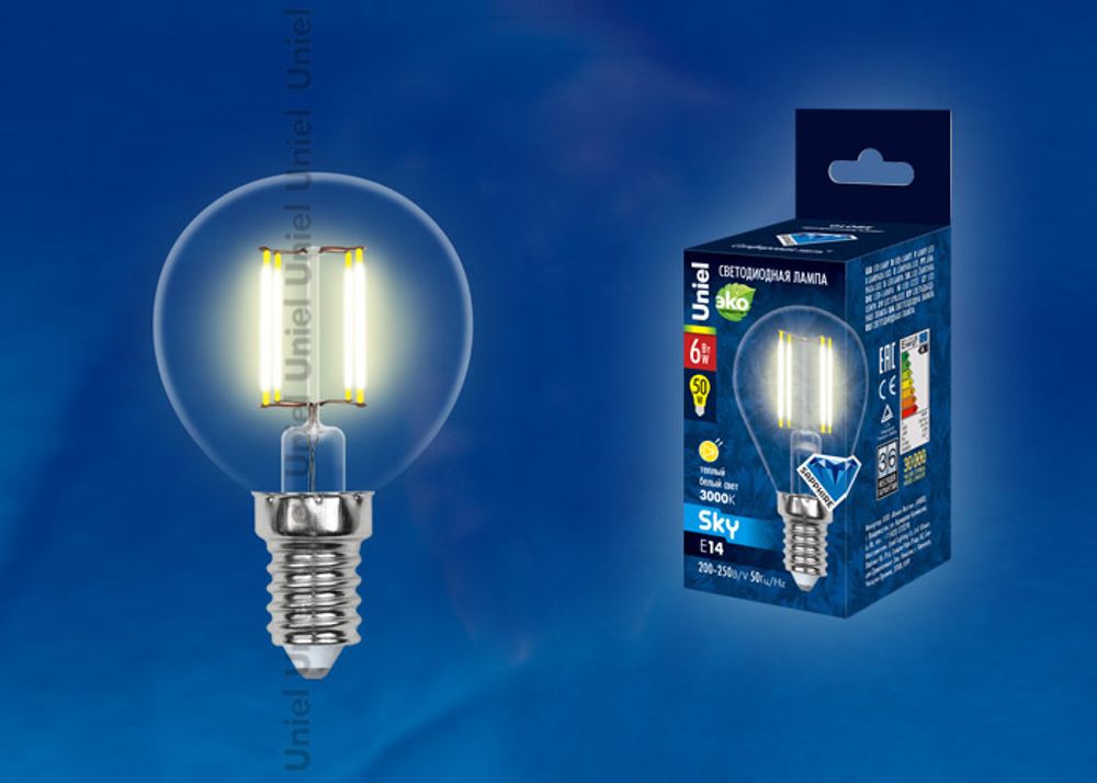 LED-G45-6W/WW/E14/CL PLS02WH Лампа светодиодная. Форма шар, прозрачная. Серия Sky. Теплый белый свет. Картон. ТМ Uniel.
