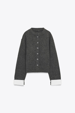 ZARA КАРДИГАН С КОНТРАСТНЫМИ ДЕТАЛЯМИ, СЕРЫЙ МЕЛАНЖ