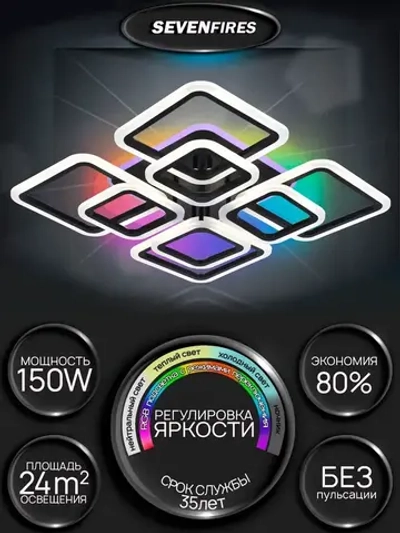 Семь Огней Люстра потолочная светодиодная с пультом и RGB подсветкой, черная
