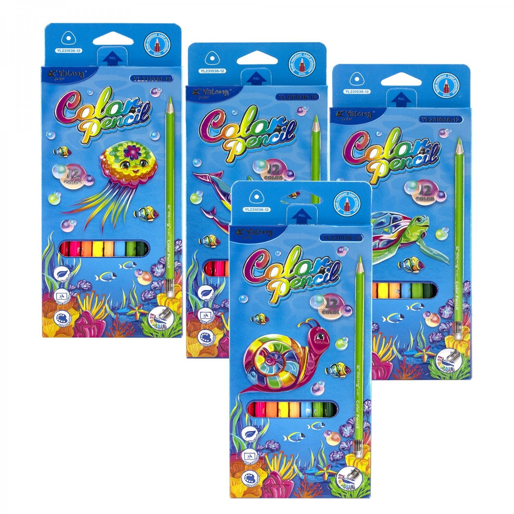 Карандаши цветные с ластиком Yalong 12 цв., "World water" деревянные, трехгранные, заточенные, грифель 3.0 мм, картон. уп., европодвес