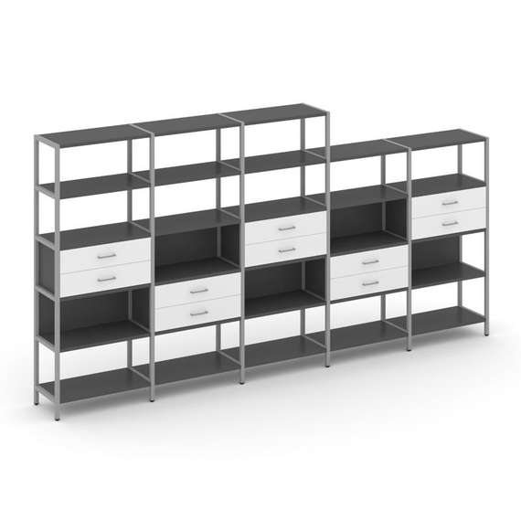 Shelf System Пятисекционный стеллаж пятиярусный с ящиками SN.STM-551 Антрацит/Белый/Металл Серый 393