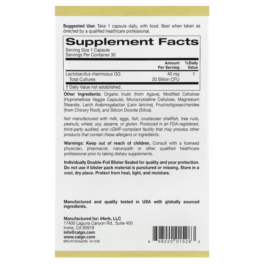 California Gold Nutrition, пробиотики для поддержки пищеварения, смесь пробиотиков и пребиотиков с лактобактериями рамнозус GG, 20 млрд КОЕ, 30 растительных капсул