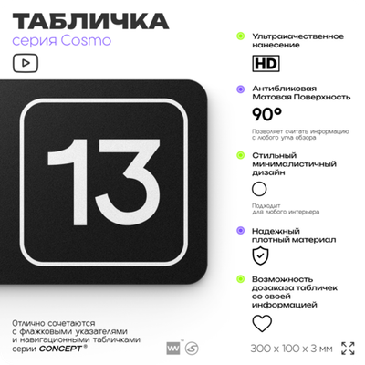 Таблички с номером офиса "Офис №13" на дверь, 30 х 10 см серия COSMO 3010, черная, Айдентика Технолоджи