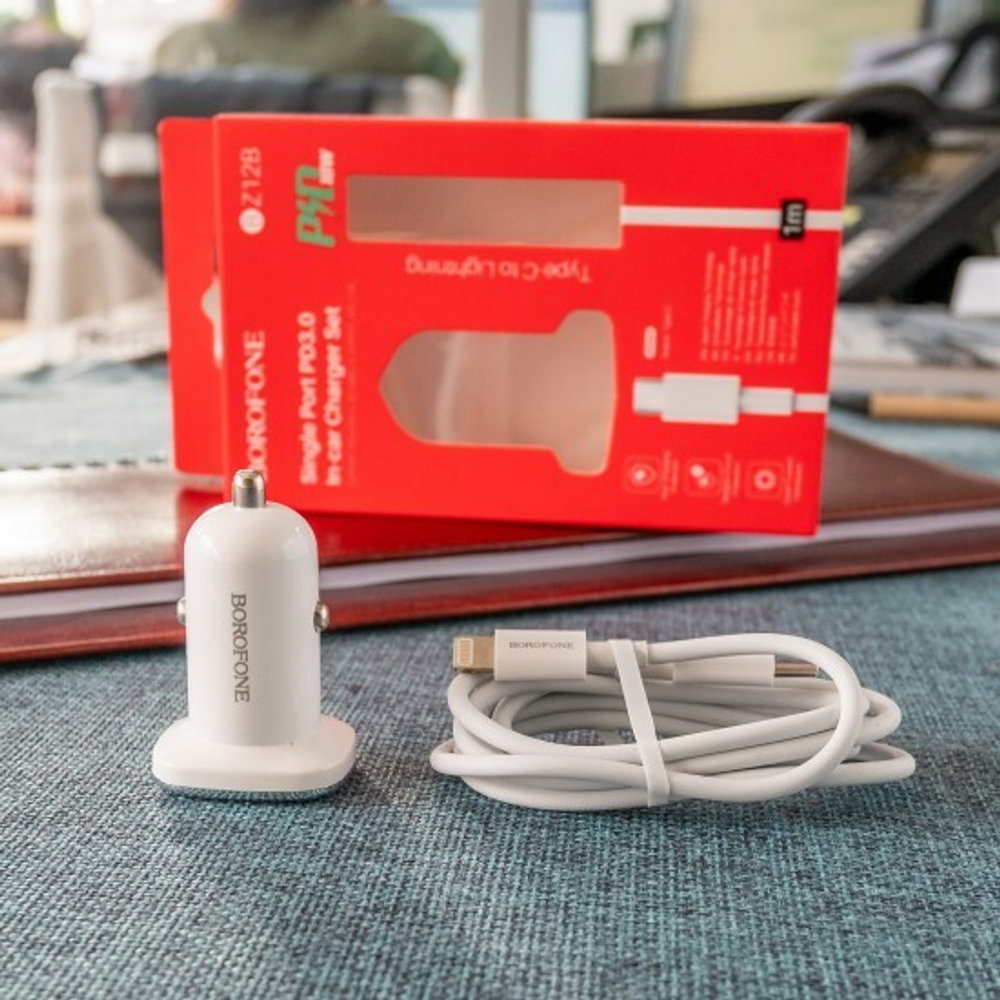 Автомобильный адаптер на USB белый, кабельType-C to Lightning, Borofone BZ12B, 3A, QC3.0, 012351