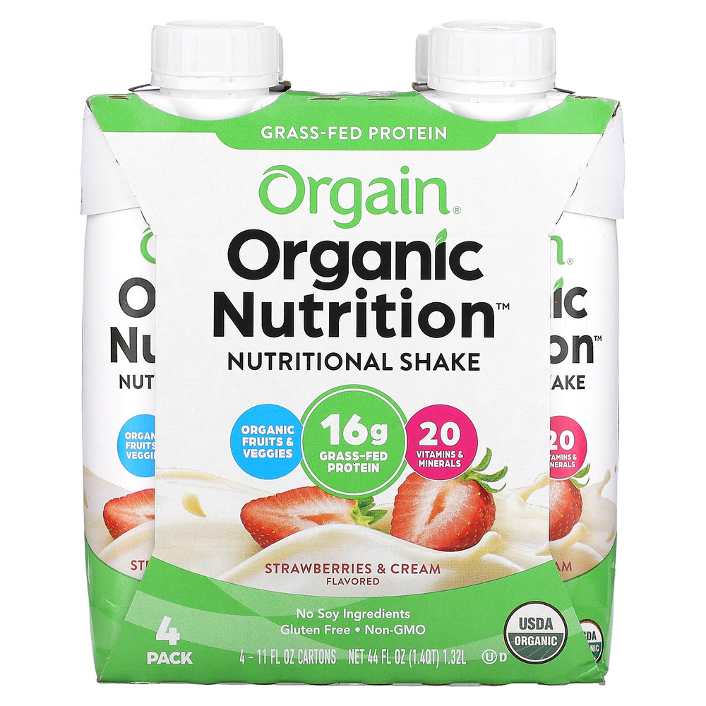 Orgain, Organic Nutrition, питательный коктейль, клубника и сливки, 4 упаковки по 330 мл (11 жидк. унц.)