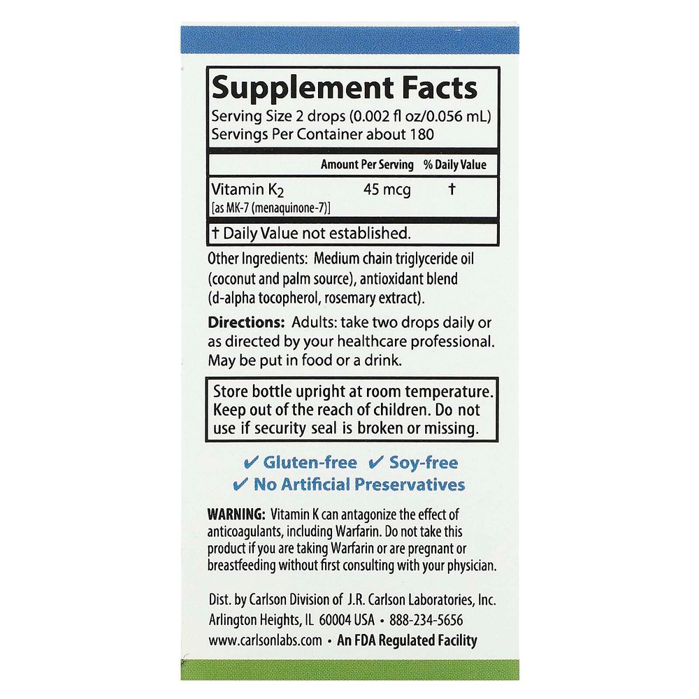 Carlson, Super Daily® K2, 45 мкг, 10,16 мл (0,34 жидк. Унции)