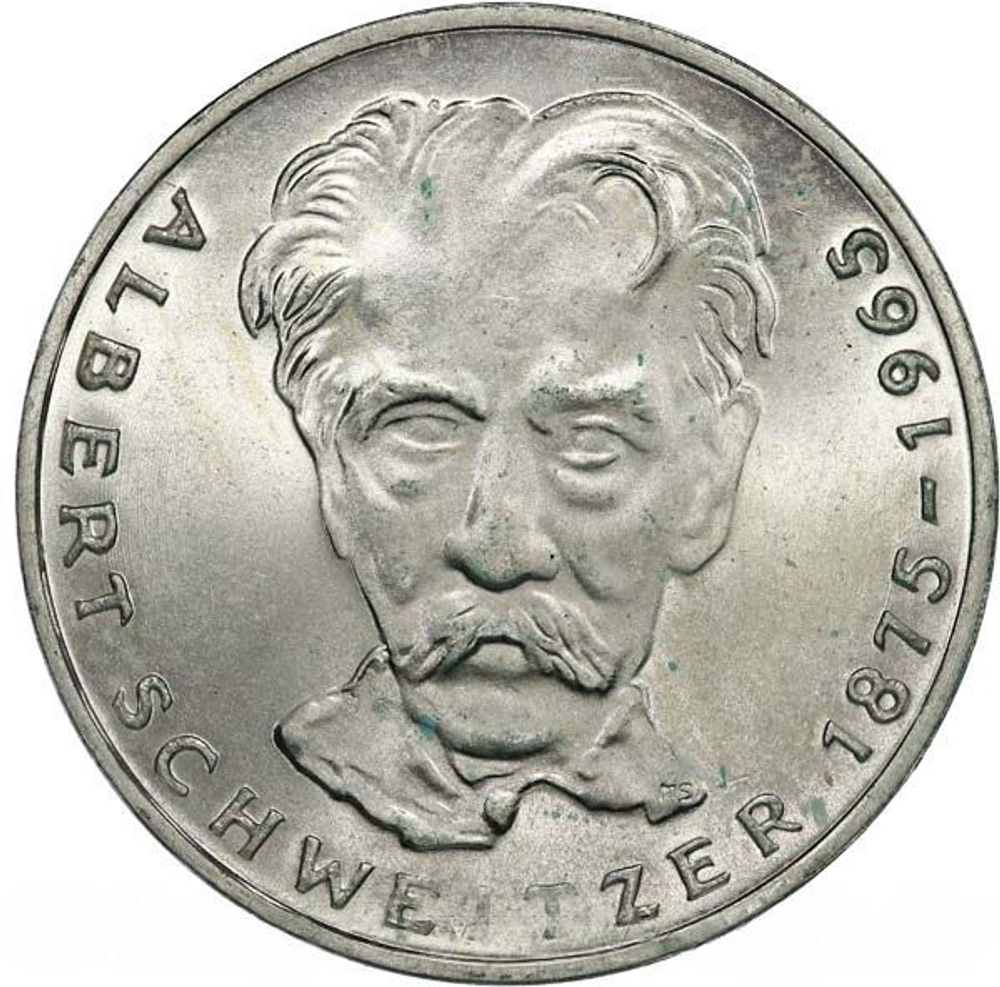 Germany, 5 Mark 1975 – Albert Schweitzer Commemoration (Karlsruhe Mint - "G"), AU