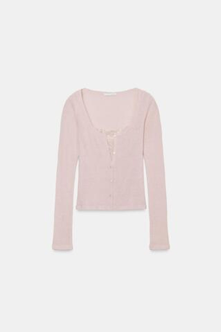 ZARA КАРДИГАН С КОНТРАСТНЫМ КРУЖЕВНЫМ ТОПОМ, РОЗОВЫЙ МЕЛАНЖ