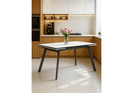 Керамический стол Woodville Норман 120(180)х80 snow (alpin) white, черный, ножки черные