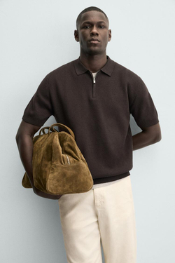 ZARA ТРИКОТАЖНОЕ ПОЛО НА МОЛНИИ, ШОКОЛАДНЫЙ