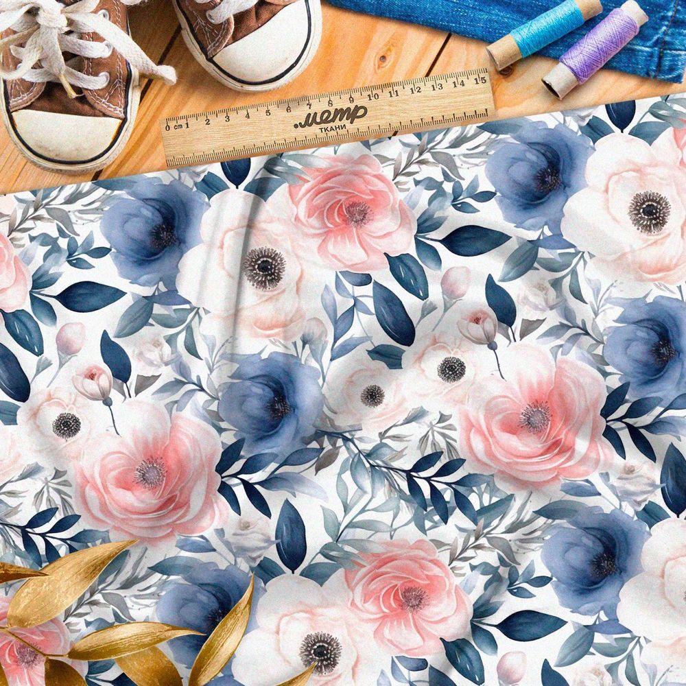Ткань премиум дюспо акварельные розовоголубые цветы