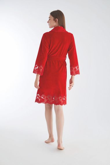 Халат женский  велюровый с кружевом Alison 0431 красный NUSA Турция