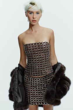 ZARA ТОП ИЗ СЕТКИ С БЛЕСТКАМИ И ОТКРЫТЫМИ ПЛЕЧАМИ, КОРИЧНЕВЫЙ