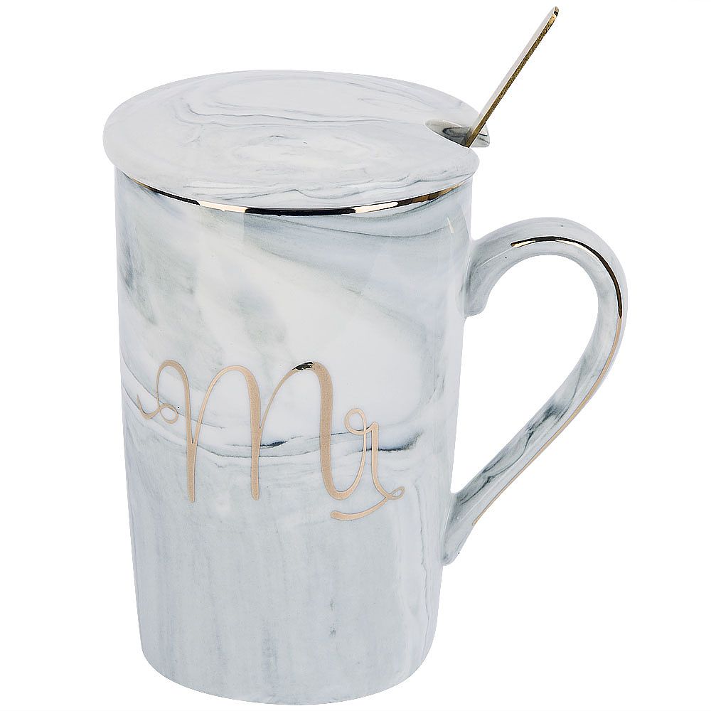 Кружка фарфоровая с крышкой и ложкой "Mr" (серая) v=380 мл (подарочная упаковка)