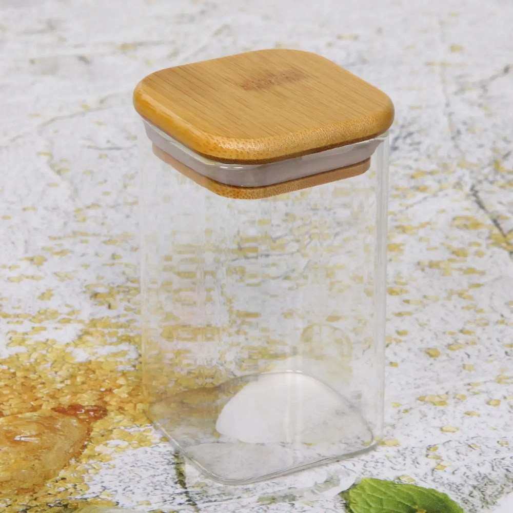 Банка для продуктов стеклянная 250мл «Хай-Тек» с бамбуковой крышкой, квадратная 6*10см