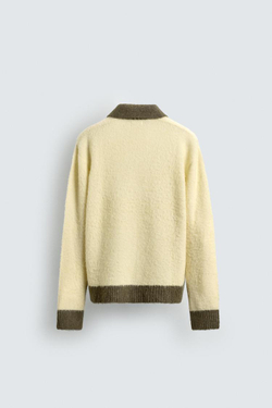 ZARA ПОЛО ИЗ ТРИКОТАЖА С КОНТРАСТНЫМИ ЭЛЕМЕНТАМИ И ШЕРСТЬЮ, ЭКРЮ