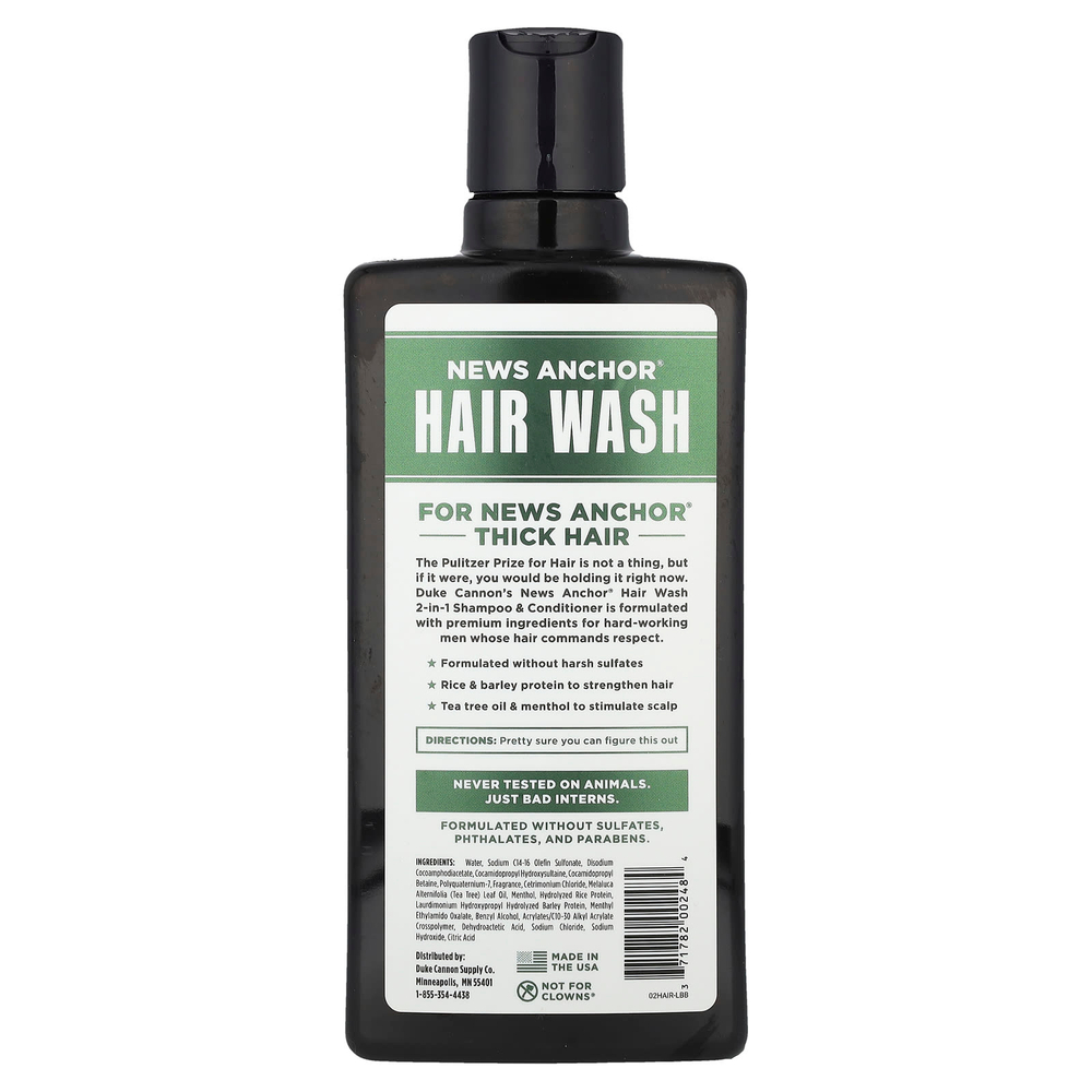 Duke Cannon Supply Co., News Anchor® Hair Wash, шампунь и кондиционер 2 в 1, чайное дерево, эвкалипт и перечная мята, 414 мл (14 жидк. унц.)