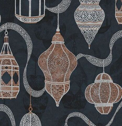 Крупнораппортный дизайн с восточными фонариками, выполненный с нансением чернил с блестками и металл