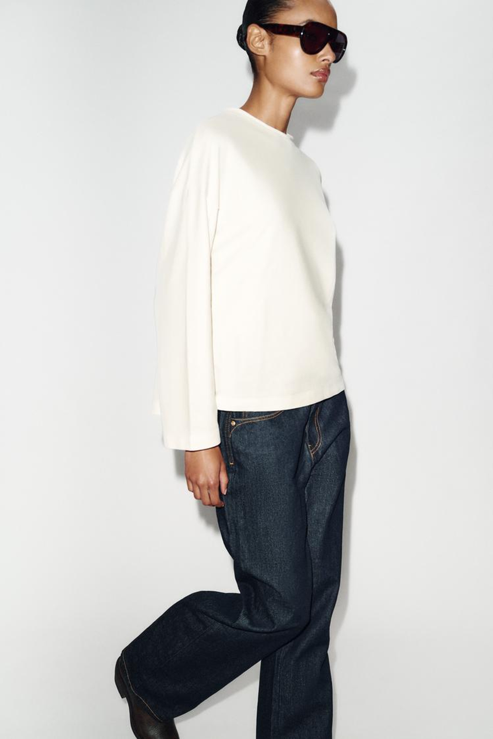 ZARA ФУТБОЛКА С ДЛИННЫМИ РУКАВАМИ, ЖЕЛТОВАТО-БЕЛЫЙ