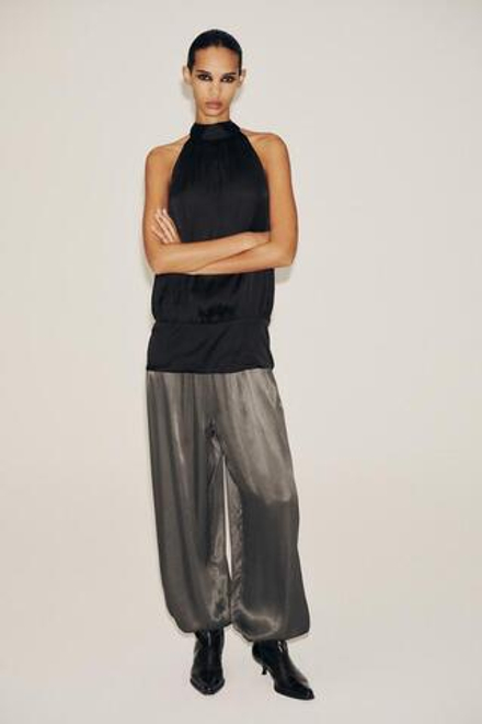 ZARA АТЛАСНЫЕ БРЮКИ-ШАРОВАРЫ, СВЕТЛО-СЕРЫЙ